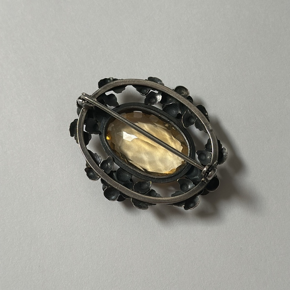 Vintage sterling silver rose frame yellow oval stone brooch pin - Picture 3 of 9